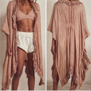 Free People Sun Bleached Fringe Kimono Tan Long Line Open Front Duster Wrap